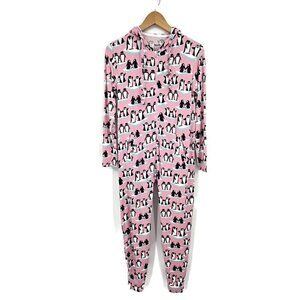 MeUndies One Piece Hooded Pajamas Unisex XXS/XS Zip Front Pink Penguins Pockets
